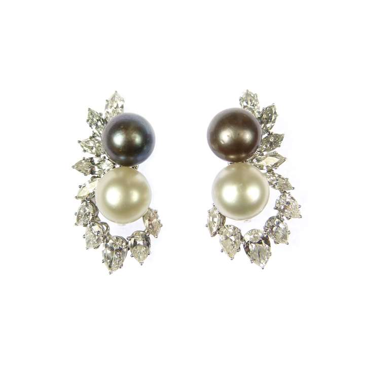 Pair of grey and white pearl and diamond cluster earrings